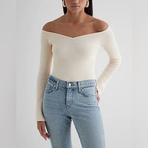 NWT EXPRESS Ribbed Fitted Off The Shoulder Sweater, Swan, Size M